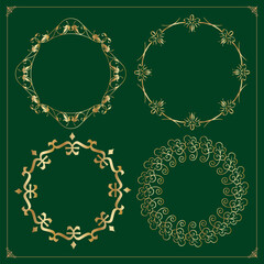 Aufkleber - Set of gold vintage circle frames on the green background. Vector illustration.