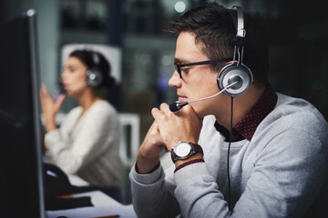 Poster - Call center, man and consultant with microphone for customer support with communication and FAQ advice. Telemarketing, agent and telecom service with headphones, contact us and assistance at night