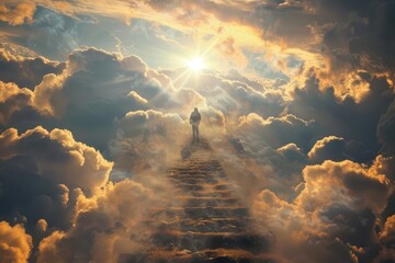 surreal stairway ascending through billowing clouds towards a radiant light source with a silhouetted figure climbing the steps symbolizing spiritual journey and transcendence