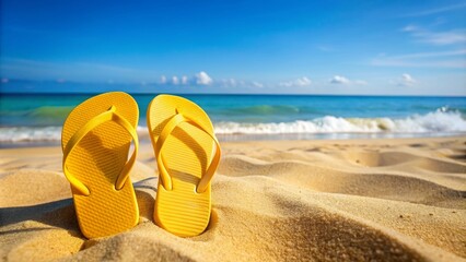 Wall Mural - Yellow Flip-Flops Posing on Sandy Beach with Waves Under Blue Sky - Yellow flip-flops stand in the sand on a serene beach with calm waves and a bright blue sky in the background.