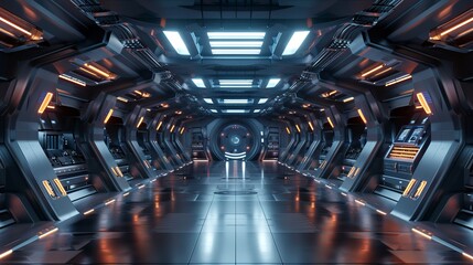 futuristic spaceship corridor with orange lights