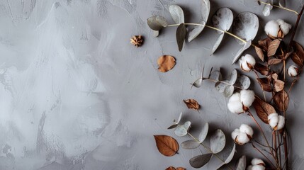 Canvas Print - Autumn theme with eucalyptus branches cotton flowers and dried leaves on a gray backdrop Concept of fall Flat lay with space