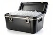 © Mickey - Portable Cooler with Ice Cubes - A portable cooler with a lid open, revealing a container filled with ice cubes. The cooler is made of durable black material, designed for outdoor use and transporting