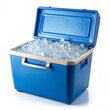 © Mickey - Blue Portable Cooler with Ice Cubes - A blue portable cooler filled with ice cubes, designed for keeping food and drinks chilled during outdoor activities, picnics, or travel.