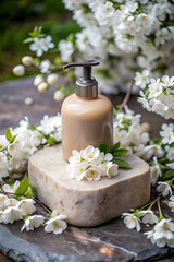 Wall Mural - The image features a white pump bottle, potentially filled with liquid soap or lotion, placed on a marble stand