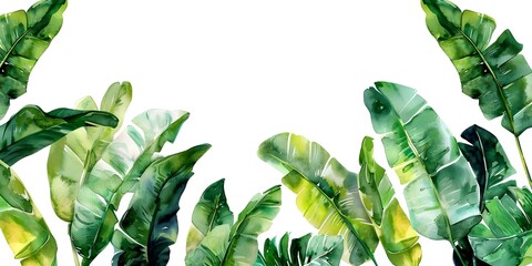 Wall Mural - Watercolor banana leaves border wallpaper exotic branches isolated on white background. Concept Tropical, Banana Leaves, Wallpaper, Watercolor, Exotic