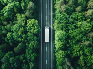 Aerial top view of car and truck driving on highway road in green forest. Sustainable transport. Drone view of hydrogen energy truck and electric vehicle driving on asphalt road through green forest.