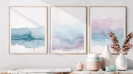 Poster - Three watercolor art posters on a wall, featuring a continuous design that spans all pieces on a white background, creating a unified and stylish decor