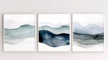 Fototapete - A set of three modern watercolor art posters featuring a continuous design, displayed on a clean white background for a sleek and elegant decor