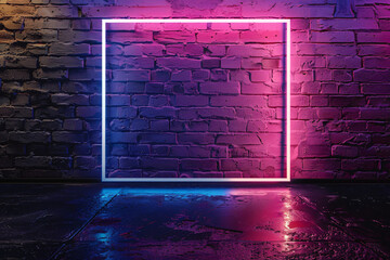 Poster - 3d render of glowing neon frame on black brick wall background with purple and blue light, mock up for design or presentation. wide angle lens realistic studio lighting