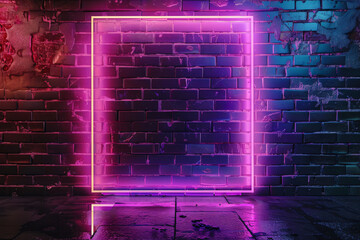 Poster - 3d render of glowing neon frame on black brick wall background with purple and blue light, mock up for design or presentation. wide angle lens realistic studio lighting