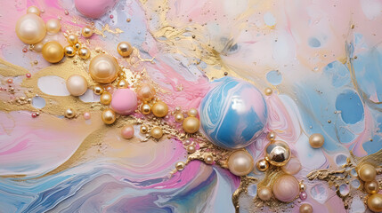 Poster - Abstract artistic background with pearlescent pink marble and holographic golden paint stains.