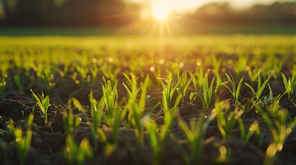 Beautiful green field of young wheat in the morning at dawn in sunlight landscape, panoramic view. Cereal sprouts close-up in nature. 