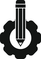 Poster - black and white icon of a pencil standing in the center of a cogwheel symbolizing creative industry