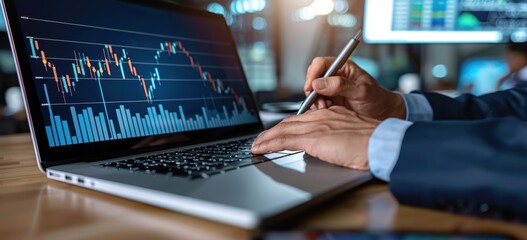 Poster - Businessman using a laptop and holding a pen with a graph of stock market growth on a virtual screen, in the style of a data connection technology concept Generative AI