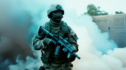 Wall Mural - An intense image of a soldier rushing forward in a smoky battlefield setting, equipped with gear.