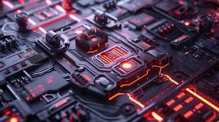 Poster - Futuristic Glowing Red Circuit Board With Intricate Electronic Components