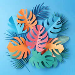 Wall Mural - 3d rendering of tropical leaves made from colorful paper cut on blue background. summer concept, flat lay top view Job ID