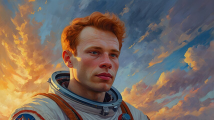 Wall Mural - stunning painting of a soviet cosmonaut with ginger hair, iris field, epic clouds, vibrant, soft edges, golden glow