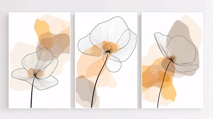 Fototapete - A set of three modern art posters showcasing a continuous line art flower design on a clean white background, perfect for a chic and contemporary decor