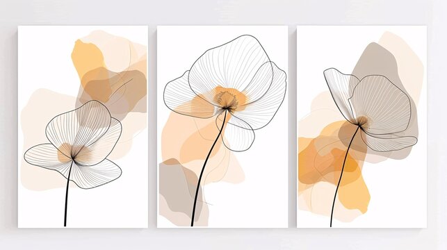 A set of three modern art posters showcasing a continuous line art flower design on a clean white background, perfect for a chic and contemporary decor