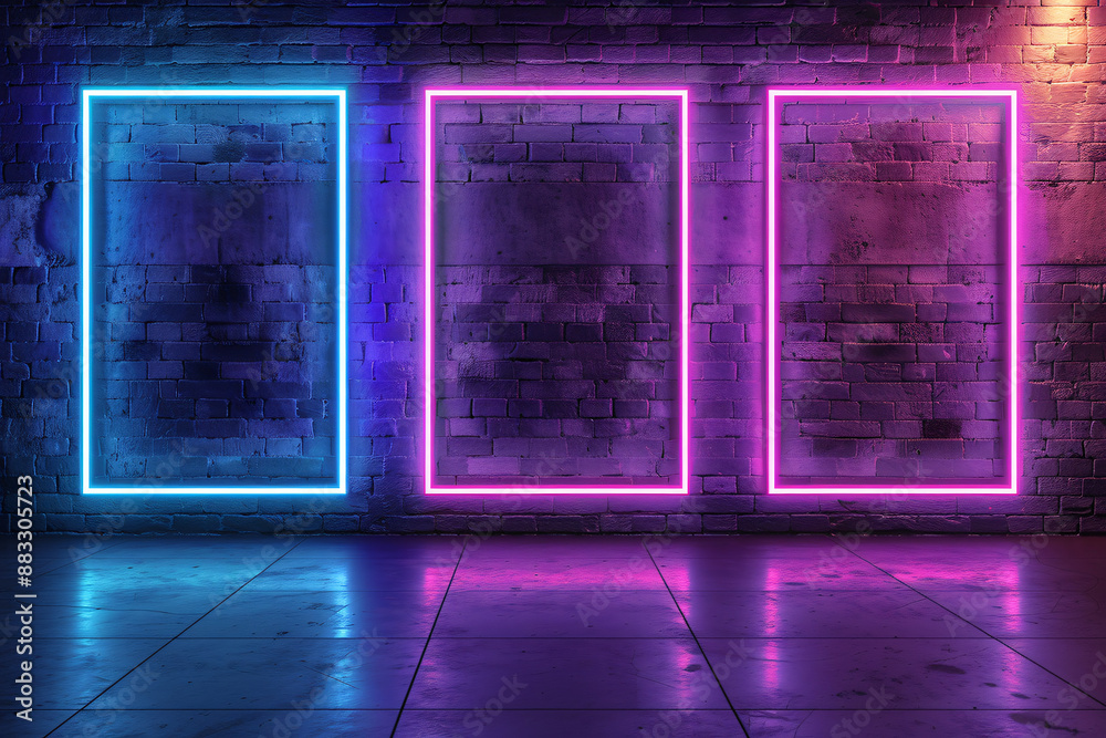 3d rendering of three neon frames on dark brick wall background with ...