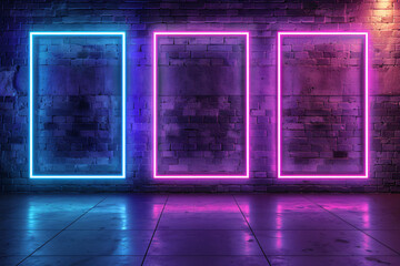 Poster - 3d rendering of three neon frames on dark brick wall background with purple and blue light, glowing effect. Neon frame border in empty room interior design