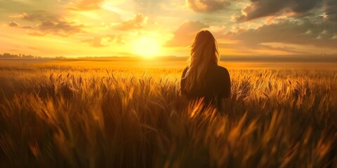 Wall Mural - Sunset portrait of a young woman in a wheat field. Concept Outdoor Photoshoot, Sunset Portrait, Young Woman, Wheat Field, Natural Light