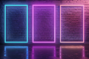 Poster - 3d rendering of three neon frames on dark brick wall background with purple and blue light, glowing effect. Neon frame border in empty room interior design