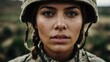 © Adam - Close-up portrait of a female soldier wearing combat gear, displaying a determined and resilient expression in a natural setting.