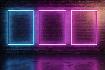 Poster - 3d rendering of three neon frames on dark brick wall background with purple and blue light, glowing effect. Neon frame border in empty room interior design