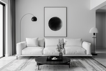 Wall Mural - Compact simple Living Room in Monochrome Palette featuring a sleek white sofa, black coffee table, floor lamp, and abstract wall decor.