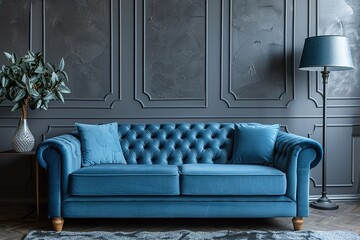 Wall Mural - Contemporary Elegance Modern Grey interior with stylish upholstered blue sofa and lamp