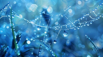 Wall Mural - beautiful natural background with necklace of water droplets on a cobweb in grass in spring of summe