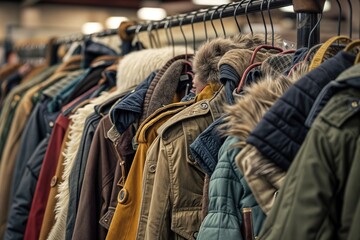 Rack of vintage and retro winter coats and jackets on display