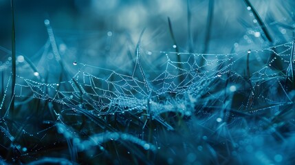 Wall Mural - beautiful natural background with necklace of water droplets on a cobweb in grass in spring of summe