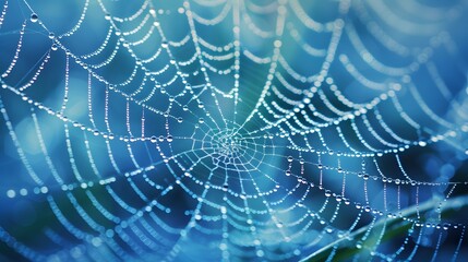 Wall Mural - beautiful natural background with necklace of water droplets on a cobweb in grass in spring of summe