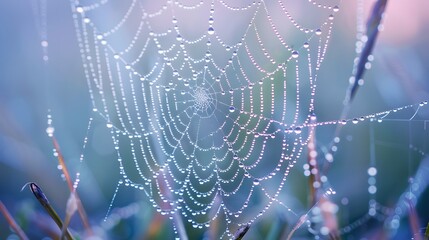 Wall Mural - beautiful natural background with necklace of water droplets on a cobweb in grass in spring of summe