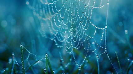 Wall Mural - beautiful natural background with necklace of water droplets on a cobweb in grass in spring of summe