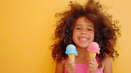 Wall Mural - Young girl with curly hair smiles, holding two colorful ice creams