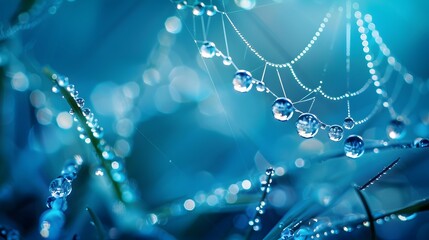 Wall Mural - beautiful natural background with necklace of water droplets on a cobweb in grass in spring of summe