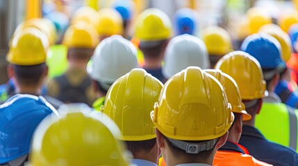 a large group of people wearing construction helmets, viewed from the back. a team of laborers of co