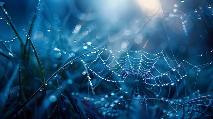 Wall Mural - beautiful natural background with necklace of water droplets on a cobweb in grass in spring of summe