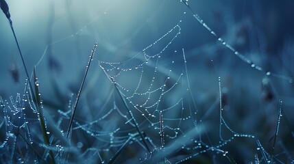Wall Mural - beautiful natural background with necklace of water droplets on a cobweb in grass in spring of summe