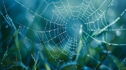 Wall Mural - beautiful natural background with necklace of water droplets on a cobweb in grass in spring of summe