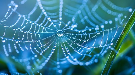 Wall Mural - beautiful natural background with necklace of water droplets on a cobweb in grass in spring of summe