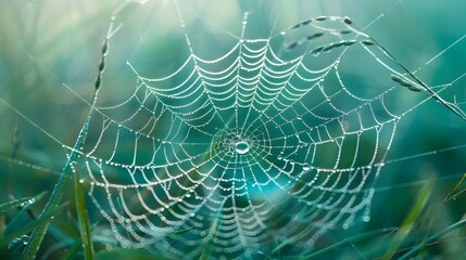 Wall Mural - beautiful natural background with necklace of water droplets on a cobweb in grass in spring of summe