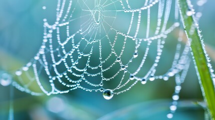 Wall Mural - beautiful natural background with necklace of water droplets on a cobweb in grass in spring of summe