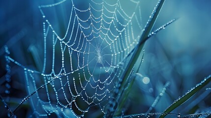 Wall Mural - beautiful natural background with necklace of water droplets on a cobweb in grass in spring of summe