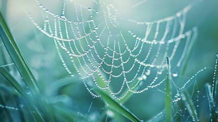 Wall Mural - beautiful natural background with necklace of water droplets on a cobweb in grass in spring of summe